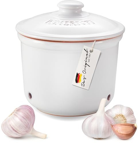 Römertopf Frische-Topf MINI 0,6 Liter - Knoblauchtopf Keramik - Atmungsaktiver Ton hält Gemüse länger Frisch - Ideale Luftzirkulation - Weiß