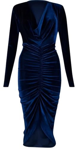 Women's Velvet Ruched Bodycon Midi Dress Ladies Long Sleeve Cowl Neck Front Ruched Party Wear Fancy Dress Navy-12-14