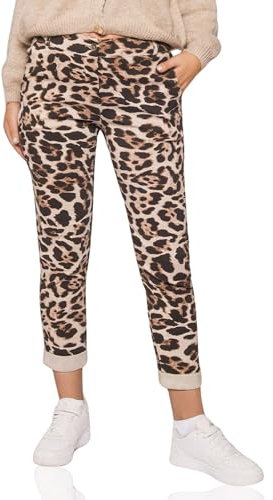 Kendindza Chino Damen Hose Stretch mit Gürtel Stoffhose Damen elegant lang Leopard Hose Leo Muster Print L
