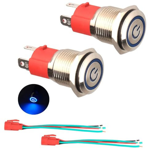 2 Stück 220V-230V/15A Selbstverriegelung Druckknopfschalter NO Wasserdichtes Blaues LED-Licht Beleuchtet 16mm Metall-Power-Start-Drucktaster mit Steckdosen-Stecker-Kabel