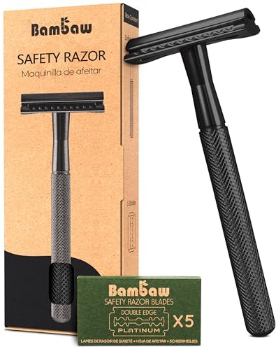 Bambaw Safety Razor for Men with 5 Blades, Double Edge Safety Razors for Men, Sustainable Single Blade Razor, Zero Waste Metal Razors - Black