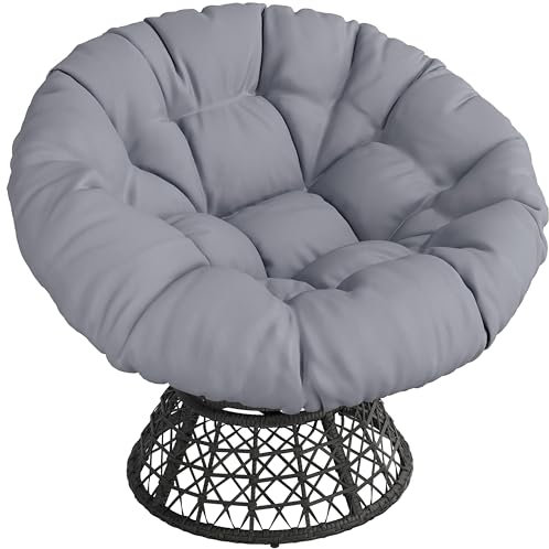 Yaheetech Rattan Papasan Moon Chair with Pads Soft Cushion, 360° Swivel Oversized Round Comfy Reading Armchairs Lounger for Living Room/Indoor/Outdoor, Grey