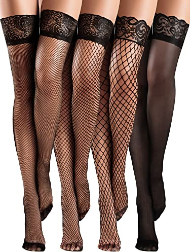 Bencailor 4 Pares Medias de Red Muslo de Encaje Silicona sobre Rodilla Transparentes Sedosas