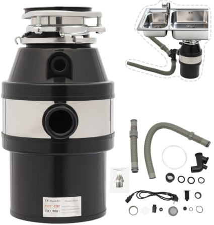 1,2L Tritarifiuti da Lavandino Nero 560W | 6 Livelli di Macinazione | per Cucina | Riduce avanzi, bucce, tè, noci e gusci | interruttore dell'aria, facile da montare sotto lavello | Lega+Nylon