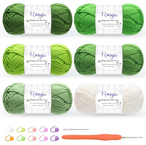 Renyiz Wolle zum Häkeln 6 x 50g Häkelgarn (60% Baumwolle, 40% Acryl) mit 2,5mm Häkelnadel & Zusatzzubehör, Ideal als Babywolle, Strickwolle, Häkelwolle und Baumwollgarn zum Häkeln Grün