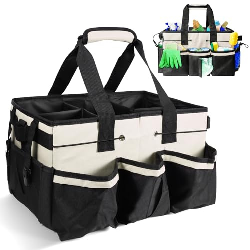 Cleaning Caddy Bag with Handle, Large Multi-Compartment Cleaning Products Organiser Car Wash Tools Bag for Home Garden Car Craft with Removable Dividers, Adjustable Shoulder Strap Waist Belt, Black