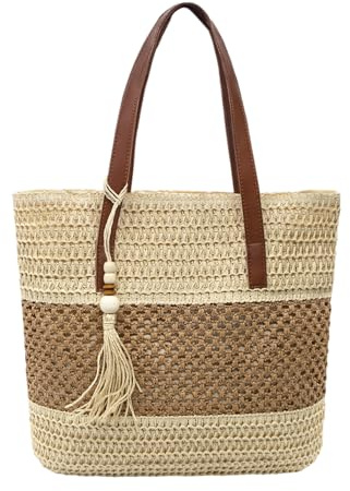 Long Keeper Women Beach Bag Large Weave Tote Bags Straw Zipped Shoulder Bag Boho Casual Summer Beach Bag Straw Bags for Travel Vacation Shopping Picnic