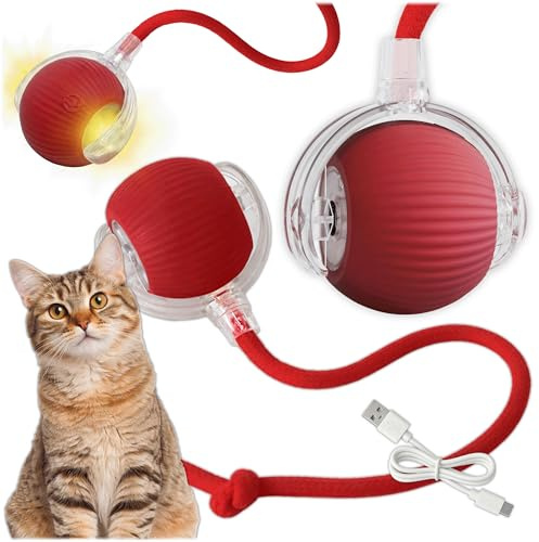 KRUMAD Katzenspielzeug Interaktiv, Katzen Ball, Interaktiver Spielball | 3 Betriebsmodi, Automatische Fortbewegung, mit LED Beleuchtung, ändert die Richtung, Elektrisch, USB Ladefunktion, Akku, Rot