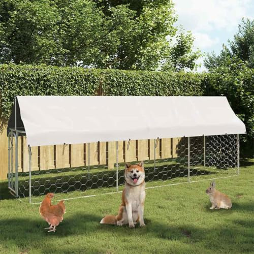 QUAHEAS Outdoor-Hundezwinger aus verzinktem Stahl mit Dach 400x100x150 cm, wetterfester Hundestall mit verschließbarer Tür, Schutz für Welpen und Hunde im Garten, Terrasse, Camping