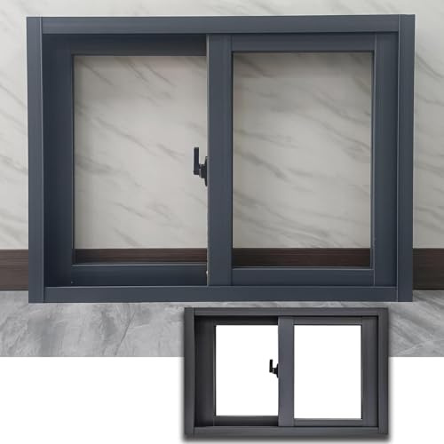 Horisontell glidande källarfönsterersättning, 96,5 x 61 cm mörkgrå ram, klart glas, justerbar 61 cm, perfekt för renovering och energieffektivitet
