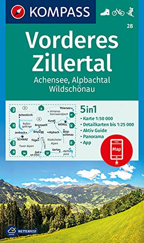 KOMPASS Wanderkarte 28 Vorderes Zillertal, Achensee, Alpbachtal, Wildschönau 1:50.000: 5in1 Wanderkarte, mit Aktiv Guide, Detailkarten und Panorama ... in der KOMPASS-App. Fahrradfahren. Skitouren.