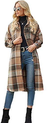 PUWEI Veste-chemise décontractée à carreaux et revers, longue, boutonnée, pour femme, marron, Large