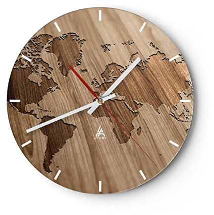Modern Wanduhr Geographie Globus Karte 40x40cm Rund Groß Wand Uhr Glas Analog Zimmeruhren Küche Büro Wohnzimmer Glasuhr Wall Clock Dekoration Design Wanddekoration Küchenuhr C3AR40x40-3042
