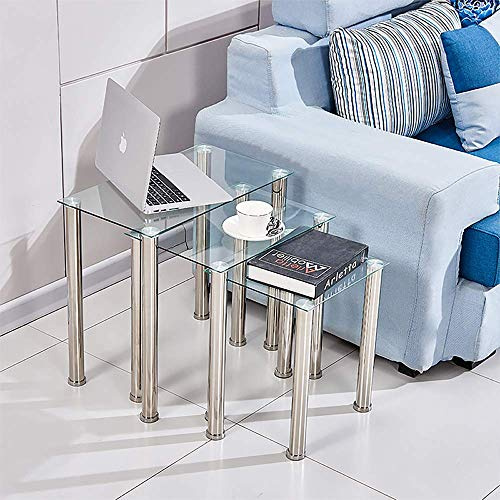 BOJU Small Clear Glass Nest of Tables Set of 3 Living Room Rectangular Coffee Sofa Side End Table with Chrome Leg Little Table Bedroom (Clear)