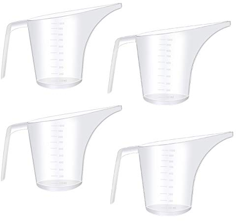 Fireboomoon 4 Pack Plastic Funnel Pitcher,Large Capacity Long Spout Measuring Cup for Bakeware Molds,Pancake,Batter,Muffin,Cakes,Soap Making(4 Cups/32 Ounces/1000 ml)