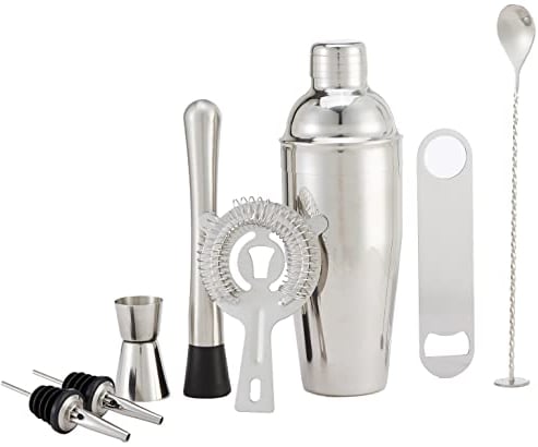 Amazon Basics juego de herramientas de bar de 8 piezas de acero inoxidable con coctelera de 710 ml, cuchara mezcladora, Jigger