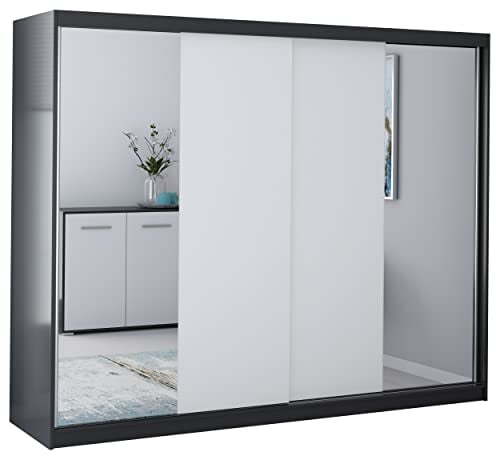 Fabryka Mebli Idźczak Kleiderschrank mit Spiegel, Wohnzimmerschrank - Weiß, Schwarz Schwebetürenschrank, Schlafzimmerschrank - 61 x 233 x 218 cm - Schrank für Schlafzimmer, Wohnzimmer, Garderobe