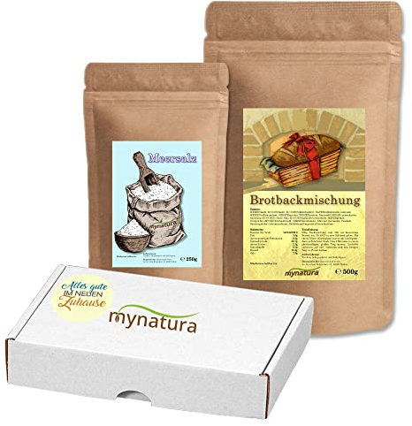 Mynatura Geschenk Set zum Einzug – Brot und Salz I Brotbackmischung I Meersalz I Geschenkbox I Alles Gute I Umzugsgeschenk I Backset I Feinkost I Einweihungsgeschenk