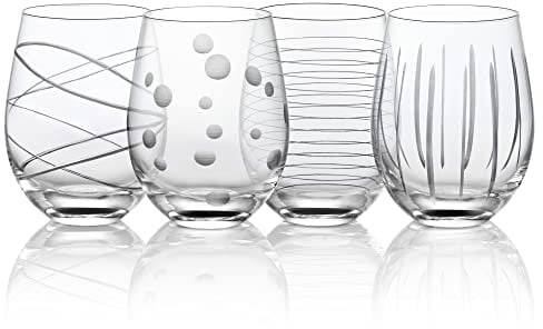 Joeyan 520ml Graviert Weingläser Ohne Stiel, 4er Set Rotweinglas mit Linie und Dot Motiven, Mundgeblasene Stemless Wine Glasses, Spülmaschinenfest, Trinkgläser für Hochzeitstag Party Zuhause, 17,5 oz
