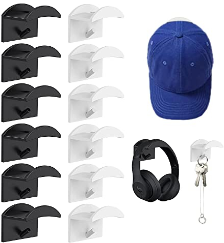 YAANBUNB 12 Stück Selbstklebende Huthaken hut haken Weiß Hut Organizer Schwarz Hutablage cap halterung wand Hutaufbewahrung Aufhänger Hutständer für Baseballkappen für Fenster Glas Bad Küche