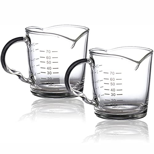 2er Glas Kaffee Messglas 70ML Espressoglas mit Doppelauslauf Messbecher Espresso Kaffeeglass mit Griff Shotglas Hitzebeständig Milchbecher Messen Kaffeebecher Glasmessbecher Barista Barkeeper