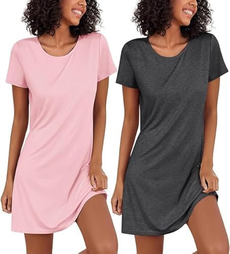 Ekouaer Chemise de Nuit Femme Manches Courtes 2pcs Robe de Nuit Ete Vêtements de Nuit Sexy Casual Col Rond, Gris + Rose, M