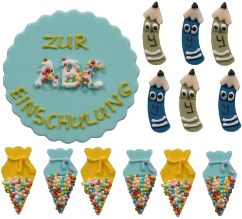 Kaffeehaus Diamant - Tortendeko zur Einschulung - 1 Schild, 6 Schultüten und 6 Stifte - blau, grün, gelb - Zuckerdekoration zum Schulstart für Jungen - großes essbare Schulanfangsset