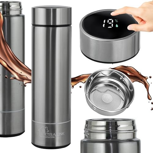 EXTRALINK Smart Travel Mug 500ml,Thermobecher,Kaffeebecher to go aus Edelstahl, hält 12h Warm/24h Kalt,Doppelwandig Isolierbecher,LED Temperaturanzeige, Eingebaute Batterie,für Kaffee & Tee,Silber