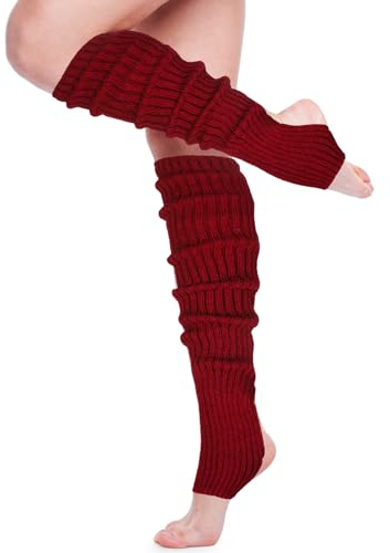SATINIOR Lange Steigbügel-Yoga-Beinstulpen, 61 cm, über dem Knie, gerippter Strick, Beinwärmer für Damen, 80er-Jahre-Party, Tanzsport, Weinrot, Einheitsgröße