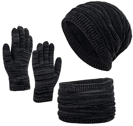 DUHGBNE Neutrale Damen Herren Herbst und Winter Einfarbig Wollmütze Verdickt Warmer Gehörschutz Kalt Strickmütze Handschuh Schal Dreiteiliges Set Haube Und Schal Set Damen (Black, One Size)