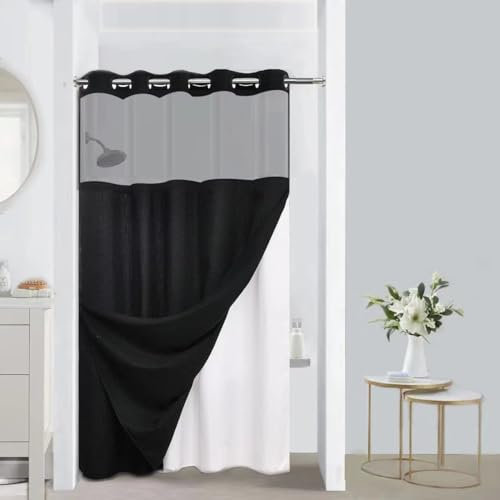 CYPL Rideau de douche à tissage gaufré avec doublure à clipser, imperméable et de qualité hôtelière, fenêtre supérieure en maille, lavable en machine, 137 x 203 cm, noir