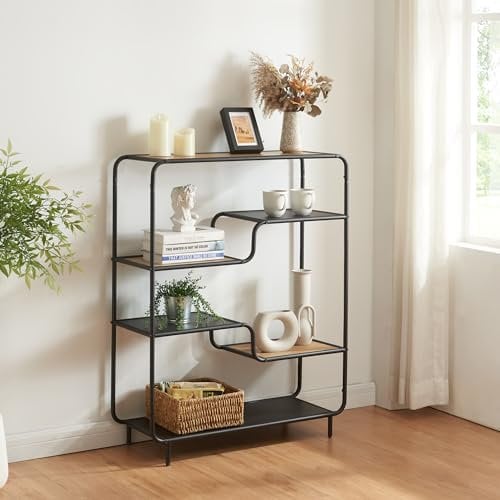 [en.casa] Standregal Kristiansand Bücherregal mit 6 Ablagen Wohnzimmerregal stehend mit Metallgestell Mehrzweckregal 101 x 80 x 30 cm Schwarz/Eiche-Optik