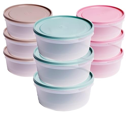 TUKA - Juego de 9 Herméticos tupper de 1300 ml de Plástico Redondos, con Tapa de Silicona Resistente, Apto para Lavavajillas Microondas y Congelador (Rosa, Verde y Gris) (1300)