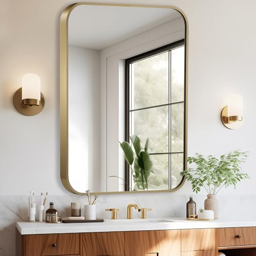 CLBA Mattgoldener Spiegel, 55,9 x 76,2 cm, gebürsteter Goldspiegel, gerahmter Kosmetikspiegel aus Aluminiumlegierung, abgerundeter rechteckiger Badezimmerspiegel für über Waschbecken, rostfreier