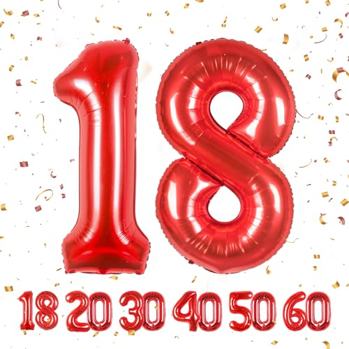 Geburtstag zahlen luftballon 18 jahre | Rot Folienballon 18 XXL -Riesen Folienballon in 40 - 101cm Geburtstagsdeko - Ballon Zahl Deko zum Geburtstag .Fliegt mit Helium