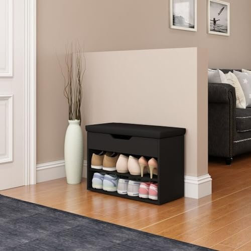 Shoe Storage Bench Home Hallway Furniture with 2 Shelves and Seat Cushion Shoe Cabinet Footwear Shoe Rack Stand Black