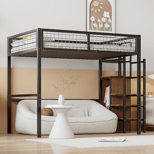 Merax Hochbett aus Metall, 140 x 200 cm, mit Kleiderschrank, Multifunktionales Kinderbett für 1 Platz mit Treppe, Schwarz (Ohne Matratze)