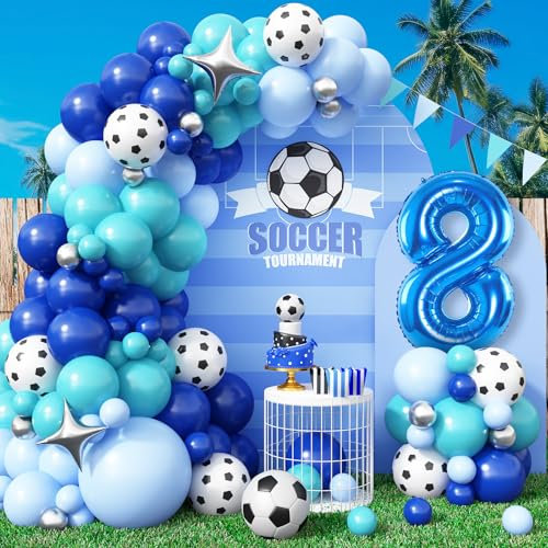Football 8th Birthday Party Supplies, Football Balloon Arch Kit, Include 40 Inch Blue Number 8 Balloon, Silver Star Foil Balloon, Royal blue Teal Light blue Balloons for Boys 8th Birthday Decoration