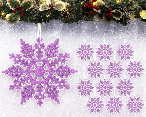 12pk Glitter Snowflake Hanging Decorations, Christmas Tree Snowflake Baubles/Ornaments (Lilac)