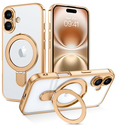 BENTOBEN Magnetic Case for iPhone 16 [Compatible with Magsafe], Invisible Ring Stand Clear Back Non-yellow TPU Plating Edge Military Grade Protection Shockproof Cover for iPhone 16, Desert Titanium