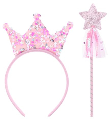 Lot de 2 baguettes de princesse et couronnes de princesse pour petites filles, déguisement de princesse pour filles de 4 à 6 ans, rose