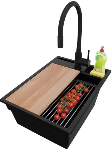 PRIMAGRAN Granitspüle ab 40er Unterschrank + Küchenarmatur, 38x53cm | Set: Küchenarmatur BW6020 + Ablauf-Set (Siphon, Ablaufgarnitur, Überlauf) + Spülbecken 1 Becken - Oslo Pocket, Schwarz