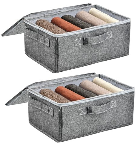 Hnonoxy 2pcs Organizer Box aus Stoff Grau , Aufbewahrungsbox Mit Deckel, Organizer Box Mit Großem Fassungsvermögen für Kleidung, Spielzeug, Schlafzimmer Organisation - 30 X 20 X 14 cm
