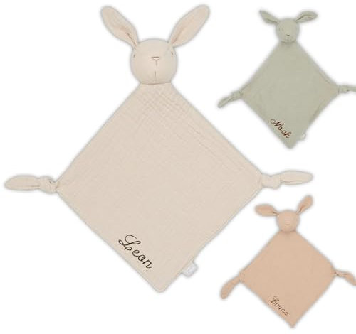 Manufaktur Liebevoll Schnuffeltuch mit Namen Kuscheltuch personalisiert Geschenke Baby Schmusetuch Baby Kuscheltier Hase Babygeschenk Geburt Mädchen Jungen (Beige)