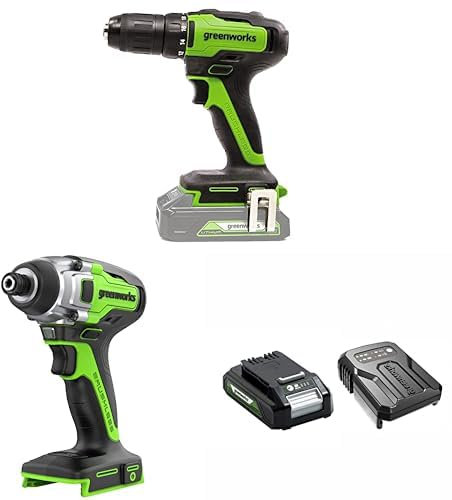 Greenworks GD24DD35 Perceuse Visseuse Sans Fil + GD24ID3 Perceuse Visseuse à Percussion Sans Fil + Batterie 24V 2Ah et Chargeur Universel