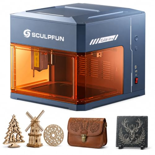SCULPFUN iCube Ultra 12W Geschlossene Lasergravierer mit Rauchfilter | Laser der Klasse 1, 150x150mm Arbeitsbereich, Laser Cutter Holz mit Autofokus, Laser Graviermaschine für Leder, Holz