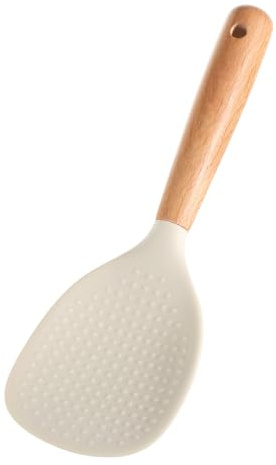 Heat-Resistant Silicone Rice Spoon with Ergonomic Wood Handle - Non-Stick, Easy Clean Serving Paddle for Rice Cooker, Perfect Rices Scooper & Potato Server, Durable Kitchen Essential