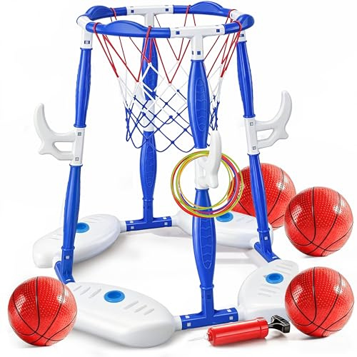 Aerilyo Pool Basketballkorb Set, 2-in-1 Pool Spielzeug mit Ringwurfspiel | Pool Basketballkorb Set inkl. 4 Bälle, 12 Ringe & Pumpe, Schwimmende Basketballspiele für Kinder & Erwachsene
