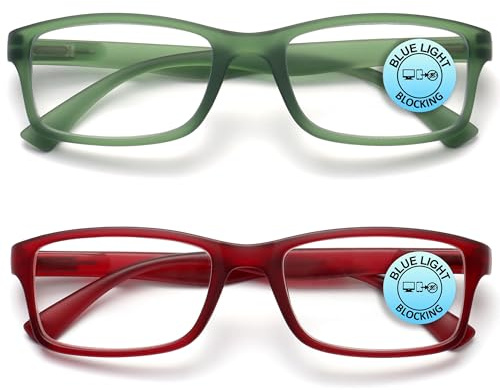 OPULIZE PEP Reading Blue Light Blocking Glasses for Women Men, Rectangular Frame with Anti-Glare Computer & Gaming Eyewear, UV & Eyestrain Protection, Matt Green Red +3(Pack of 2)