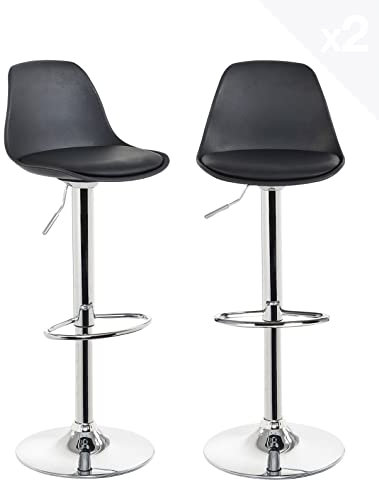 KAYELLES Lot de 2 tabourets de Bar Design Coussin Simili Cuir rembourré, Repose Pieds, réglable en Hauteur et pivotant 360° Pied Chrome SIG (Noir)